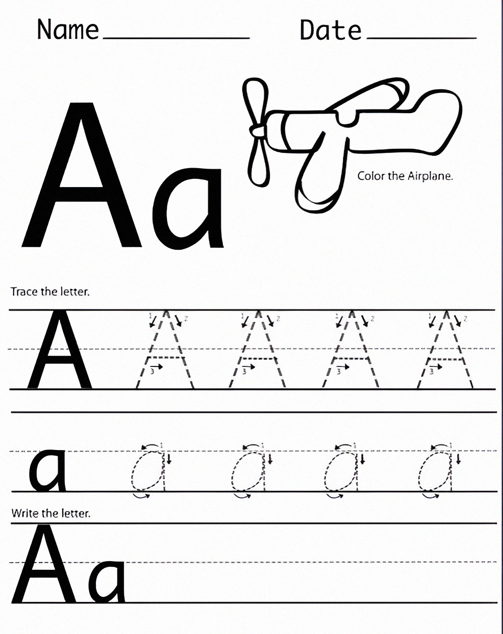 Letter A Airplane Tracing Worksheet